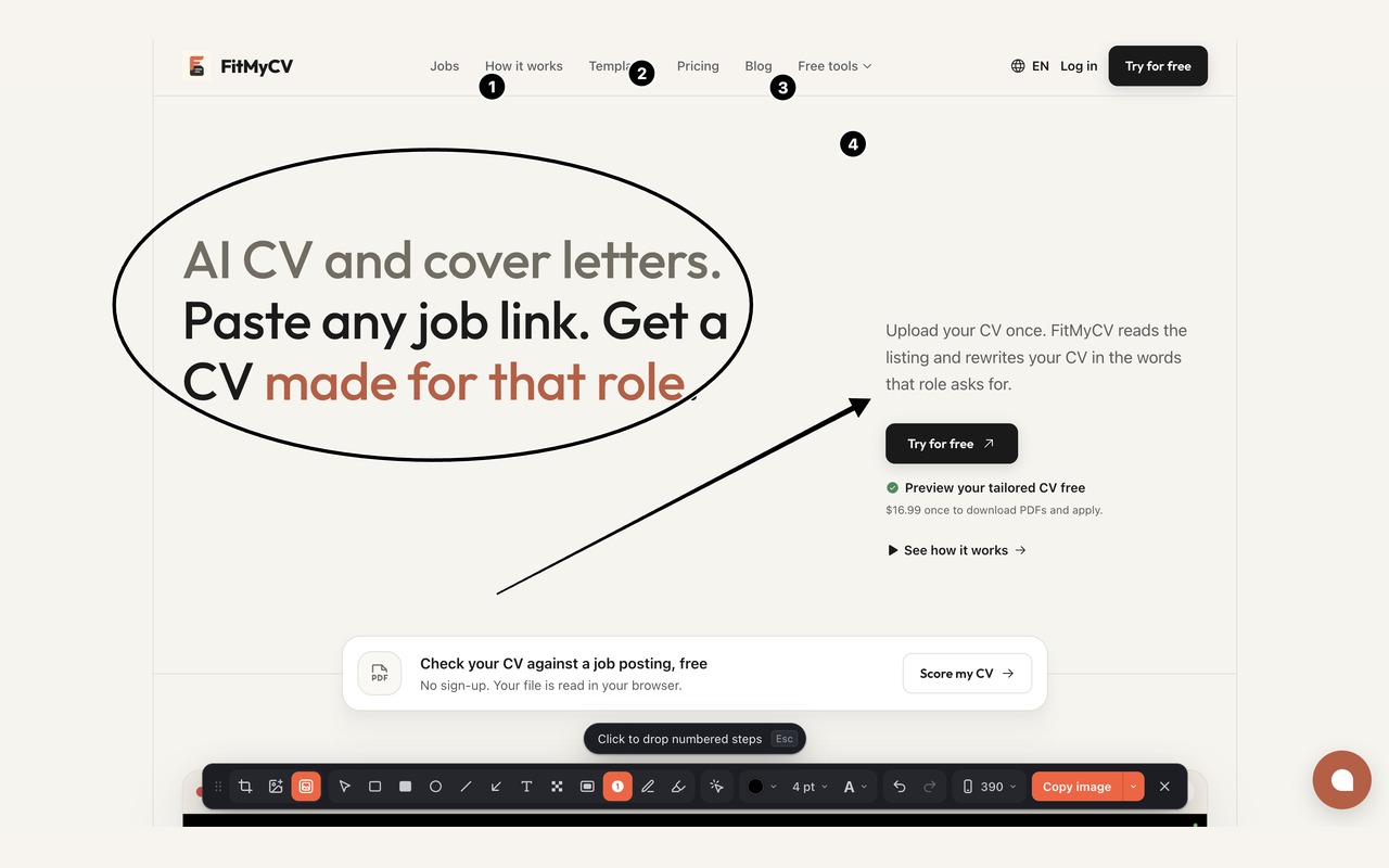 A landing page marked up with a circle, an arrow and numbered steps
